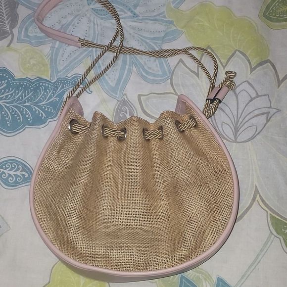 Burlap and faux leather drawstring bag NWOT - Picture 2 of 9